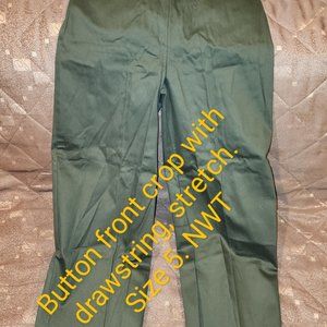 Crop, stretch pants with button front & drawstring